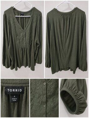 Torrid Crinkle Gauze Embroidered Top Olive Green Size 4